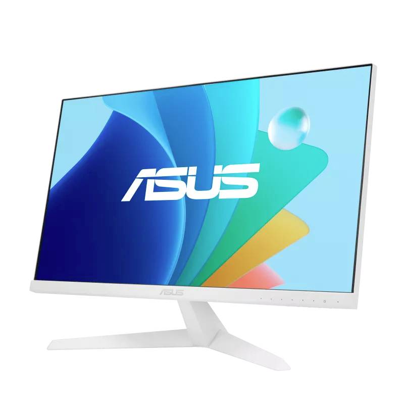 Bílý počítačový monitor značky Asus s moderním designem a pestrobarevným pozadím.