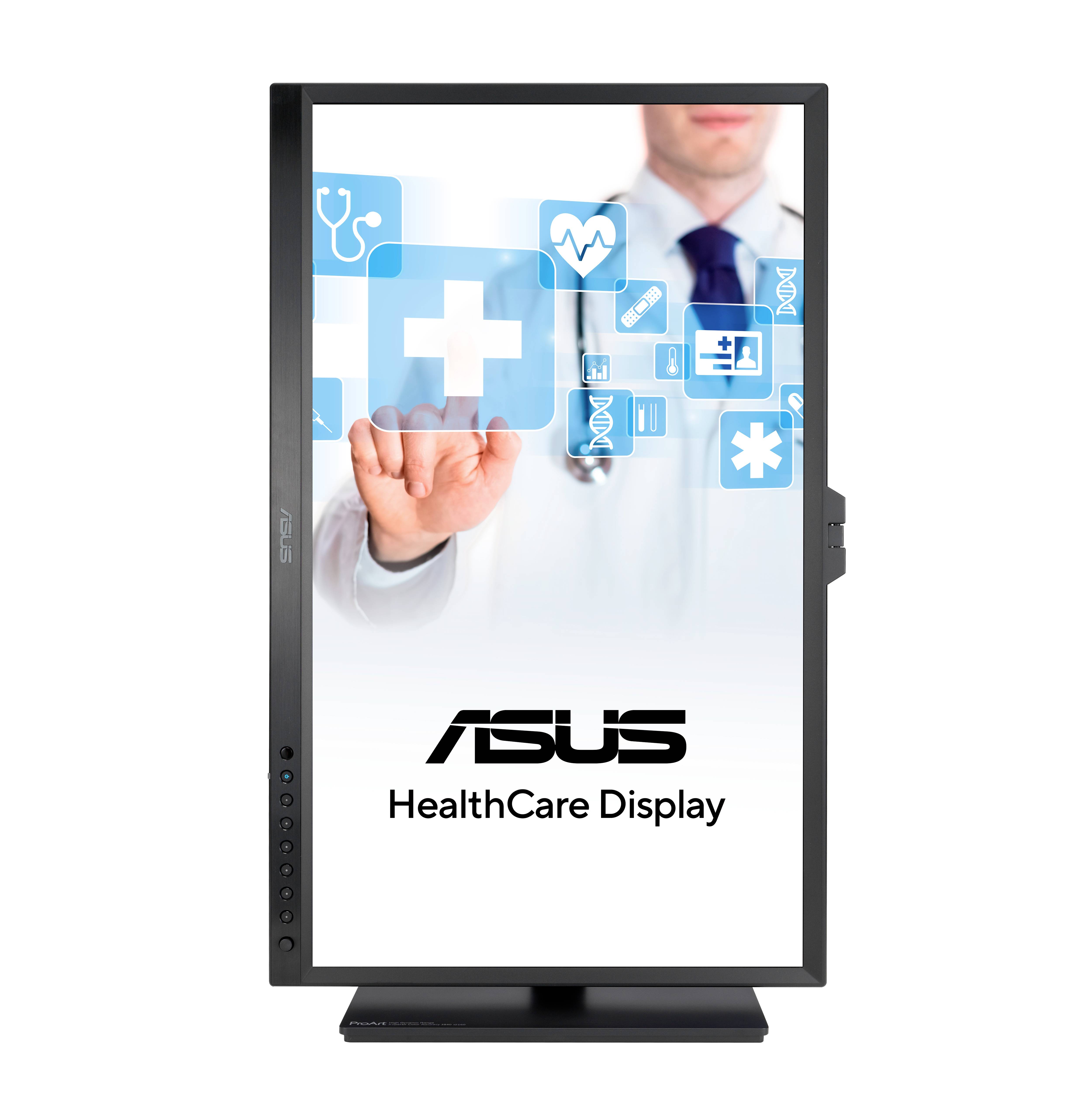 Lékař klepá na virtuální rozhraní s lékařskými symboly, zobrazené na displeji ASUS HealthCare.