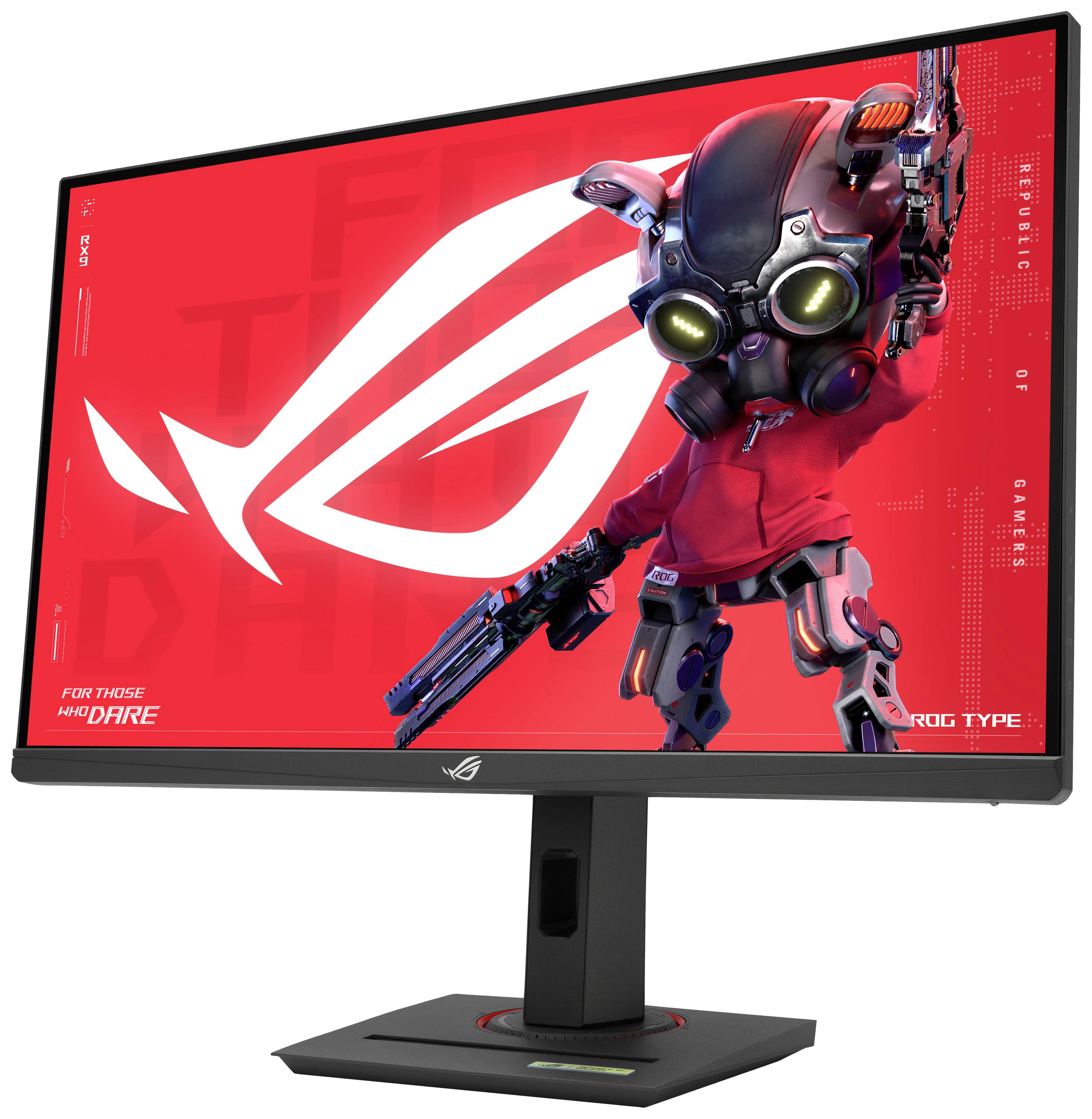 Herní monitor s osvětleným, futuristickým designem robota na obrazovce. Výrazný červený design s herním logem.