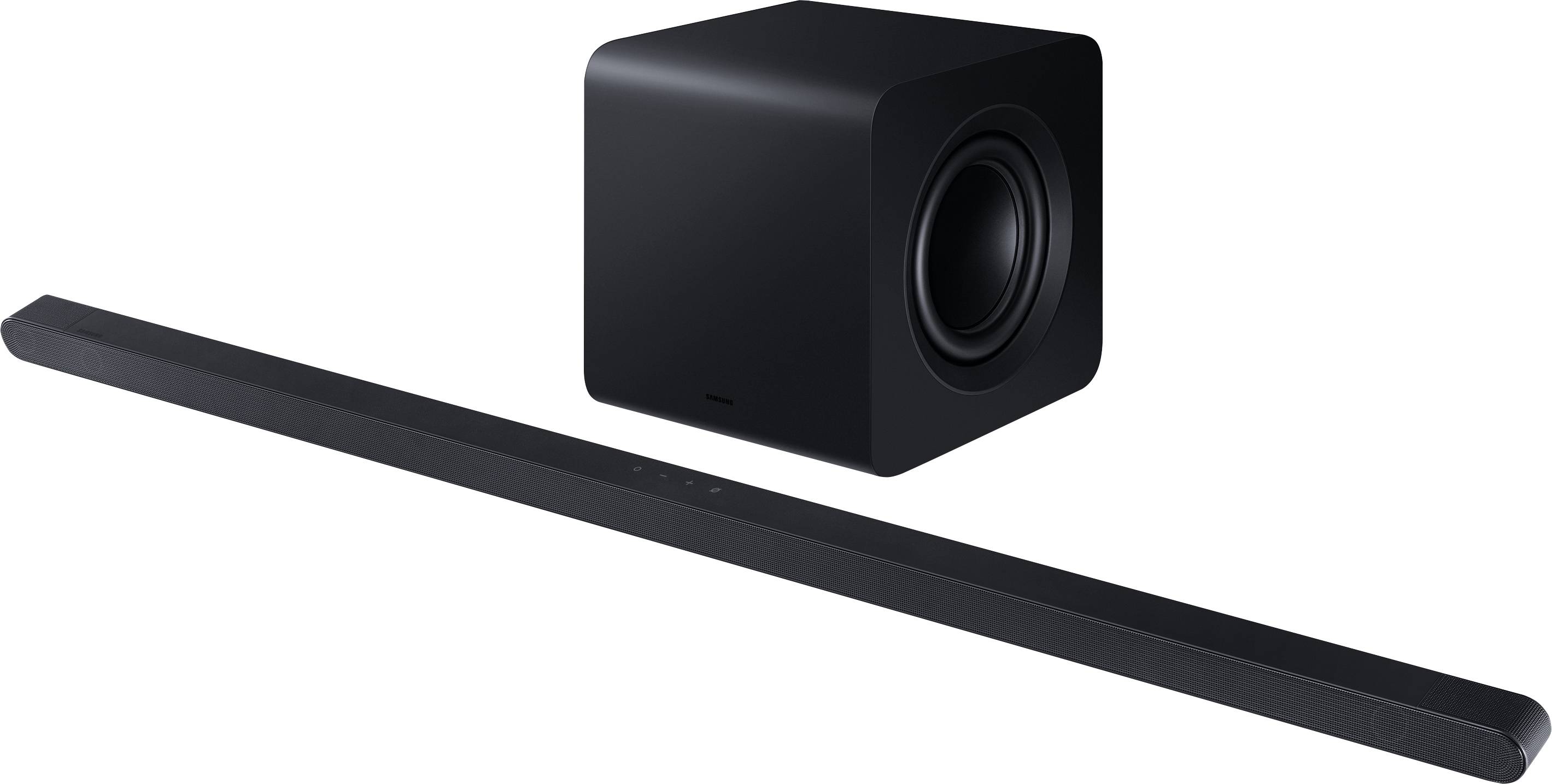 Soundbar a subwoofer v moderním designu. Soundbar je dlouhá a štíhlá; subwoofer má tvar krychle. Vhodné pro domácí kino.