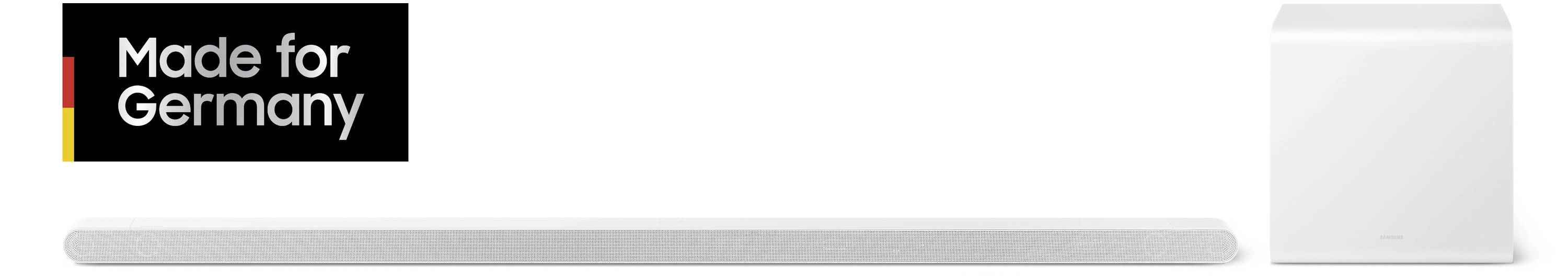 Soundbar systém s bezdrátovým subwooferem, vedle něj logo 'Vyrobeno pro Německo' s německou vlajkou.