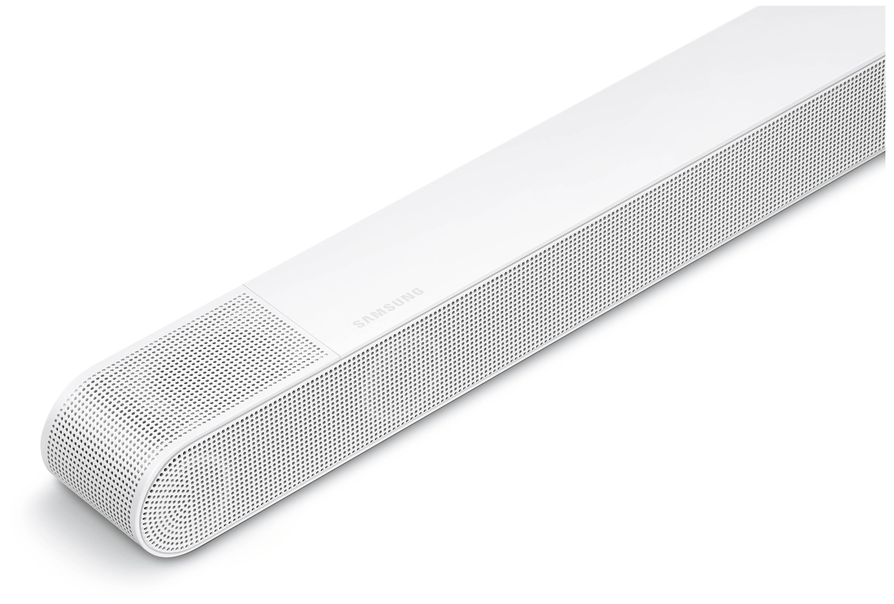 Bílý soundbar, boční pohled. Moderní, minimalistický design se zaoblenými hranami, ideálně kompatibilní s plochými televizory.