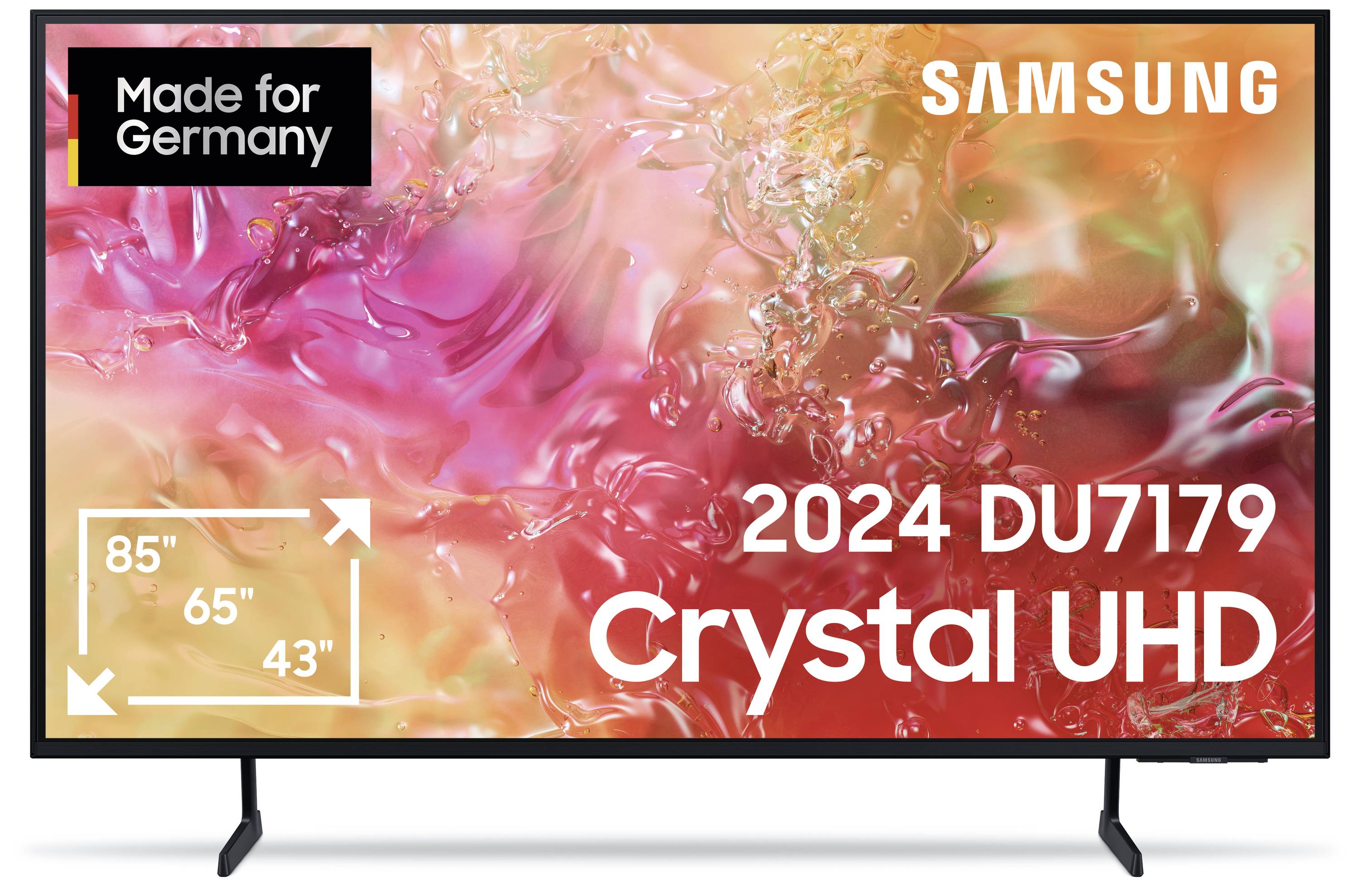 'Samsung Crystal UHD televizor 2024 DU7179, dostupný ve velikostech 85", 65" a 43". Obrázek zobrazuje barevnou abstrakci v pozadí.'