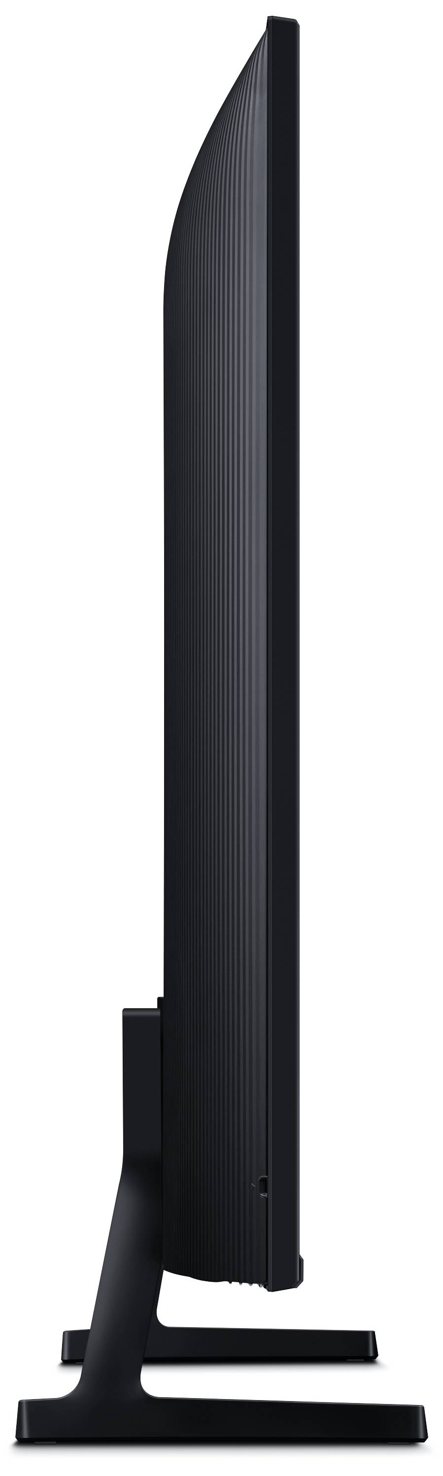 Boční pohled na tenký černý monitor umístěný na stojanu.