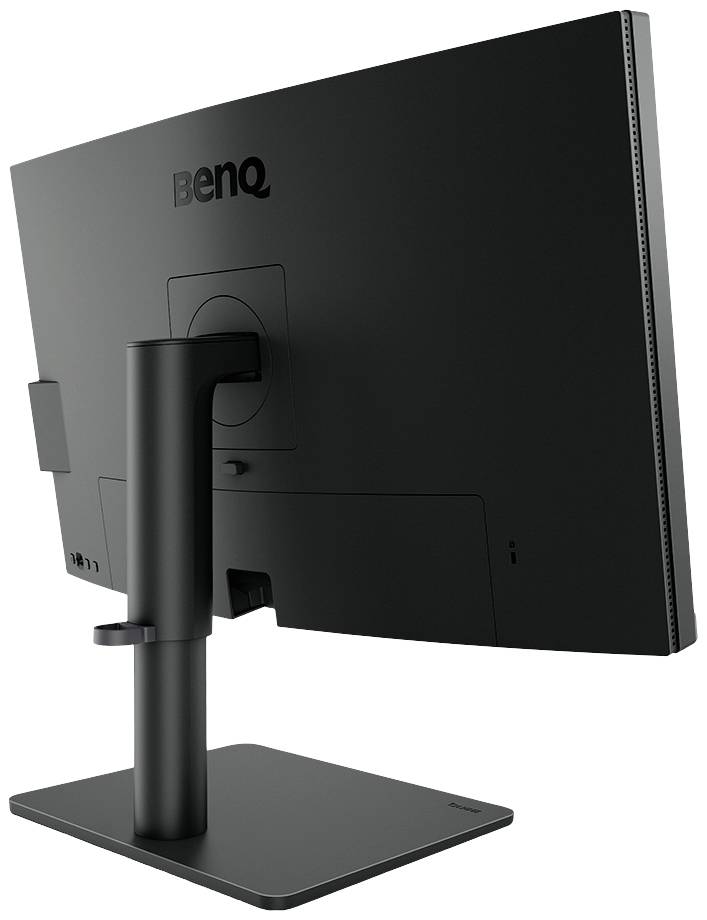 Černý počítačový monitor BenQ pohledem zezadu, ukazující nastavitelný stojan.