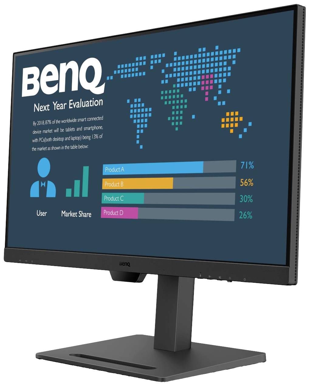 Monitor se zobrazením diagramu podílů čtyř produktů na trhu: Produkt A 71 %, Produkt B 56 %, Produkt C 30 %, Produkt D 26 %.