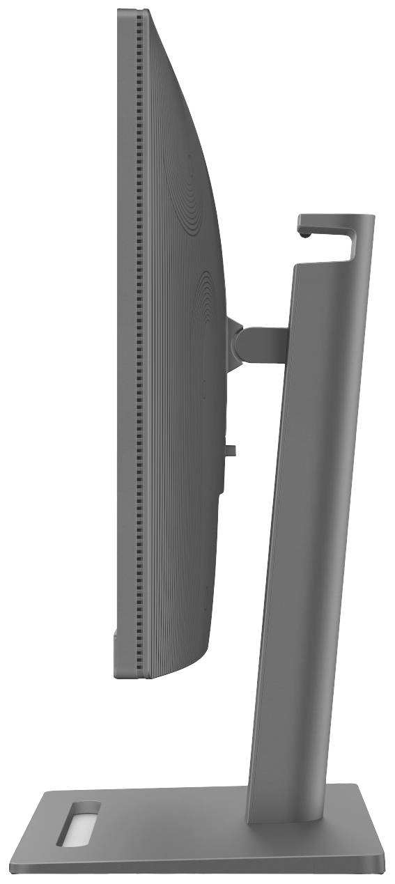 Boční pohled na moderní počítačový monitor s tenkou lištou a stabilní podstavou. Minimalistický design.