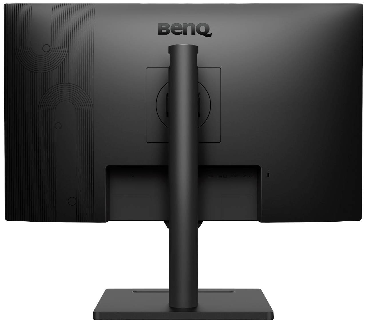 Pohled zezadu na monitor BenQ s černým nastavitelným stojanem ve výšce. Design je jednoduchý a moderní.