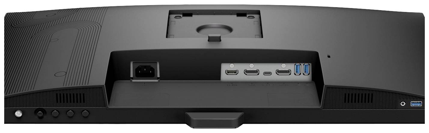 Zadní pohled na počítačový monitor s několika porty: napájecí konektor, dva HDMI porty, dva USB porty, jeden DisplayPort.