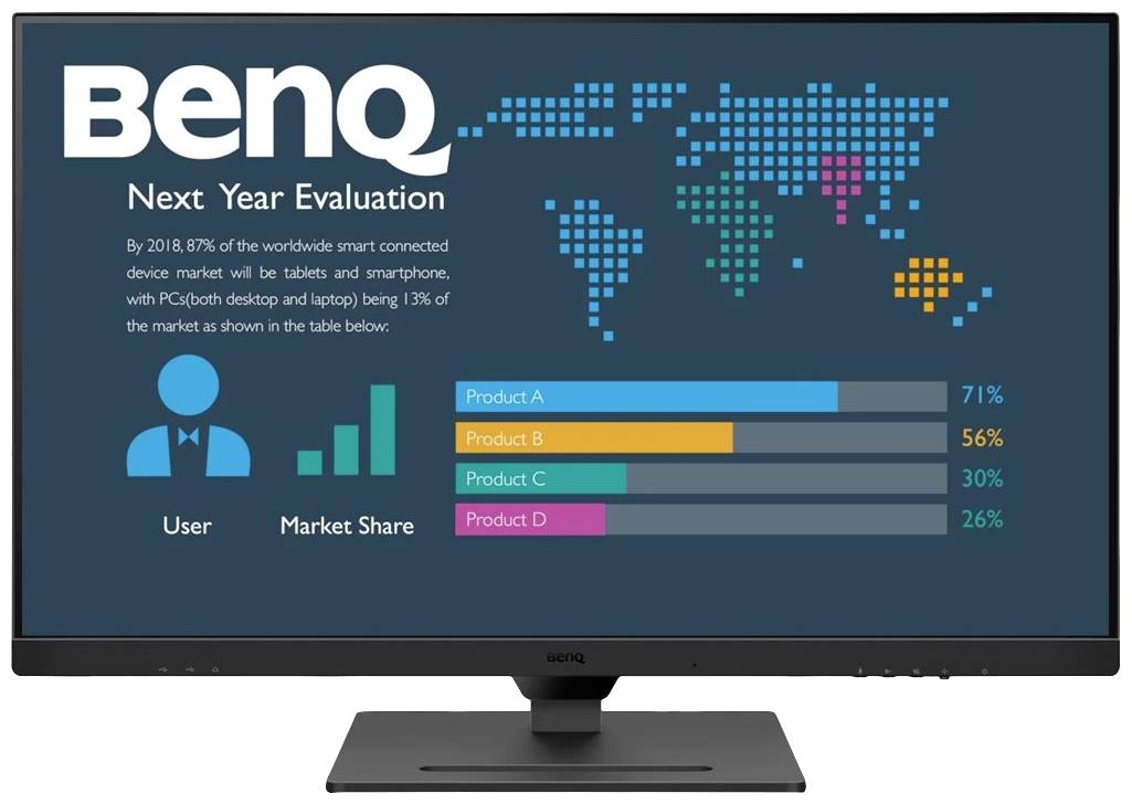Monitor BenQ ukazuje tržní podíly různých produktů: Produkt A 71 %, Produkt B 56 %, Produkt C 30 %, Produkt D 26 %. Světová mapa v pozadí.