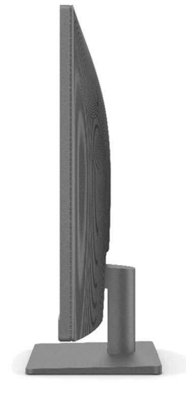 Boční pohled na moderní počítačový monitor s elegantním designem umístěný na pravoúhlém podstavci.