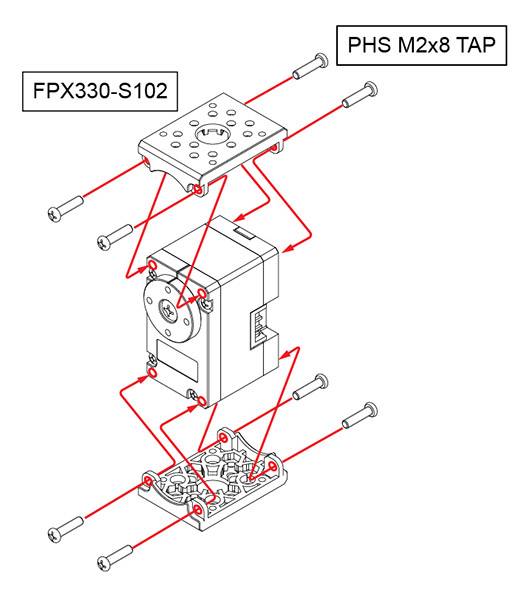 Výkres rozloženého pohledu FPX330-S102 se šrouby a připojovacími vedením. Název: 'PHS M2x8 TAP'. Připojení budou zvýrazněna červeně.