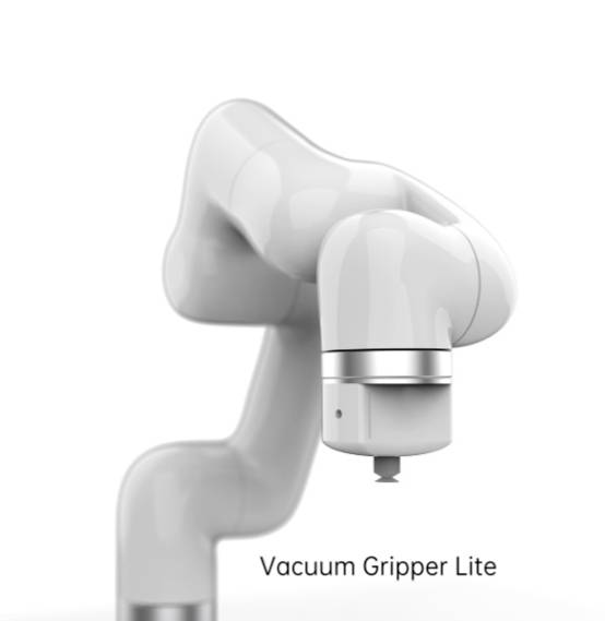 Bílé robotické rameno s přísavkovým uchopovačem na konci; popis "Vacuum Gripper Lite".