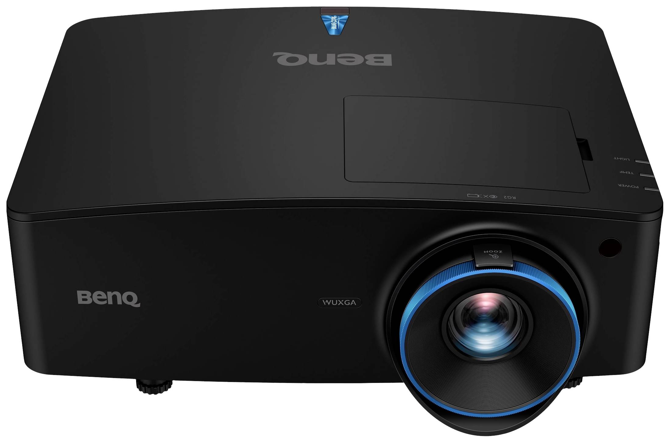 Černý projektor BenQ s modrou čočkou, model WUXGA, stojí vzpřímeně.