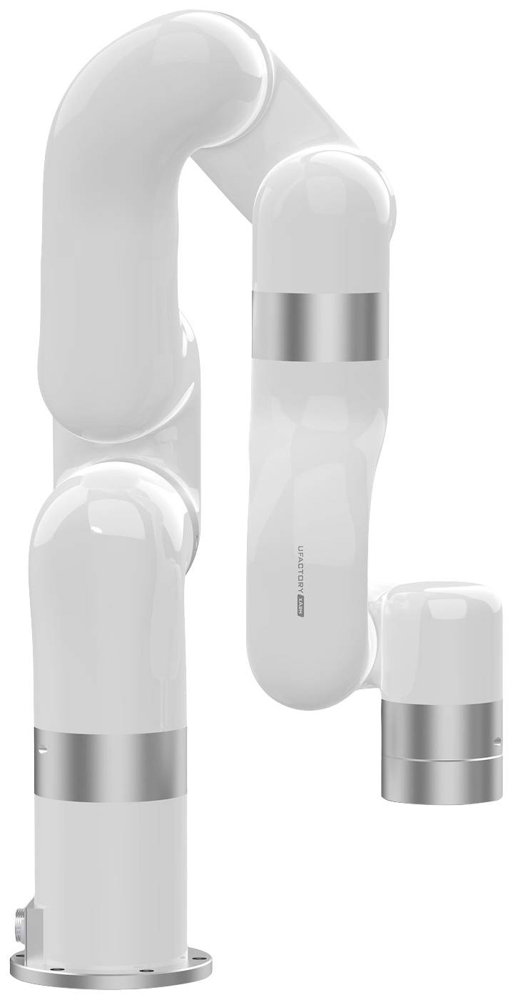 Bílé robotické rameno s několika klouby, vhodné pro přesné úkoly. Moderní design s kovovými akcenty.