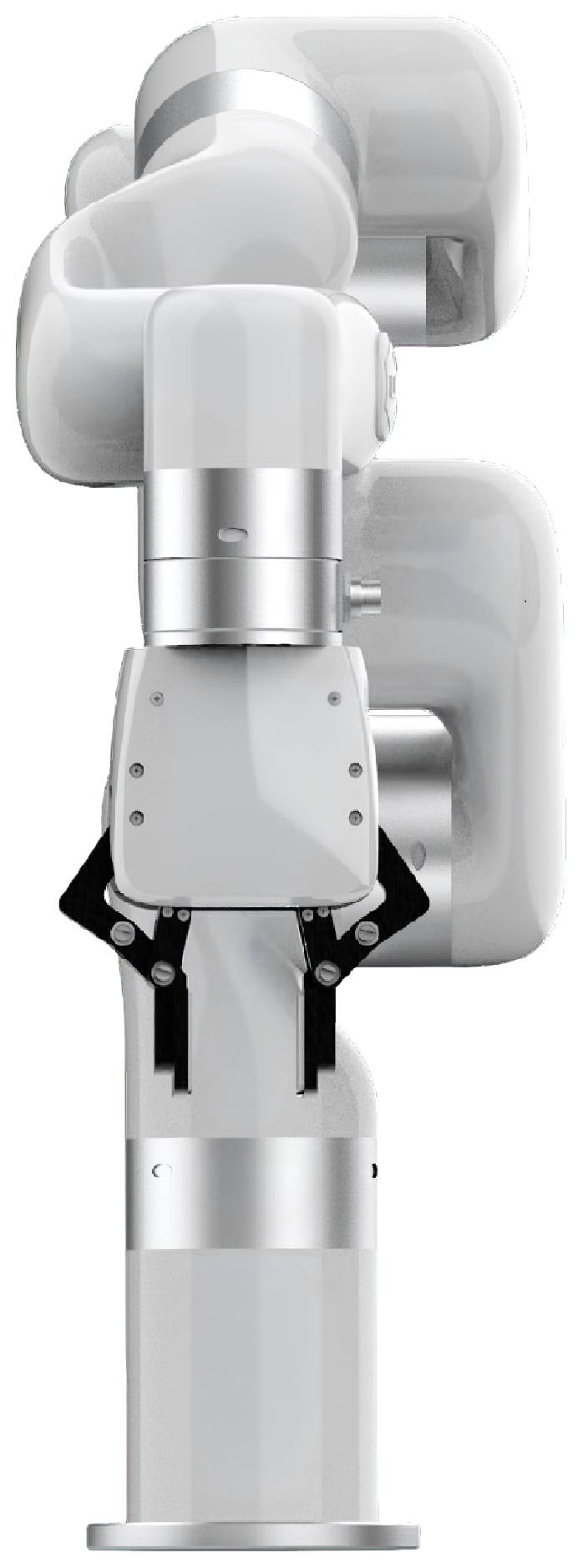 Průmyslové robotické rameno z šedého kovu, pohled z boku. Disponuje kloubovými segmenty pro flexibilní pohyblivost.