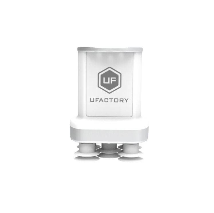 Bílý robotickýuchopovač od UFactory, vhodný pro manipulaci s menšími objekty, vybavený čtyřmi přísavkami pro bezpečnéuchycení.