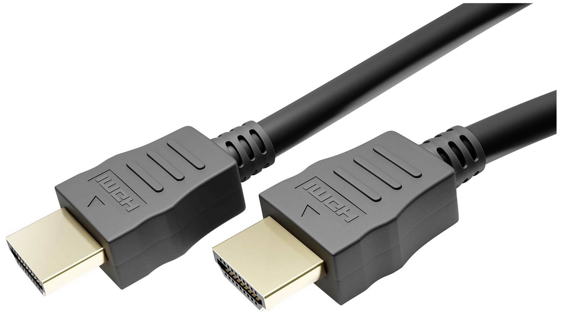 Černý HDMI kabel se dvěma konektory, který se používá k přenosu audio a video signálů mezi zařízeními.
