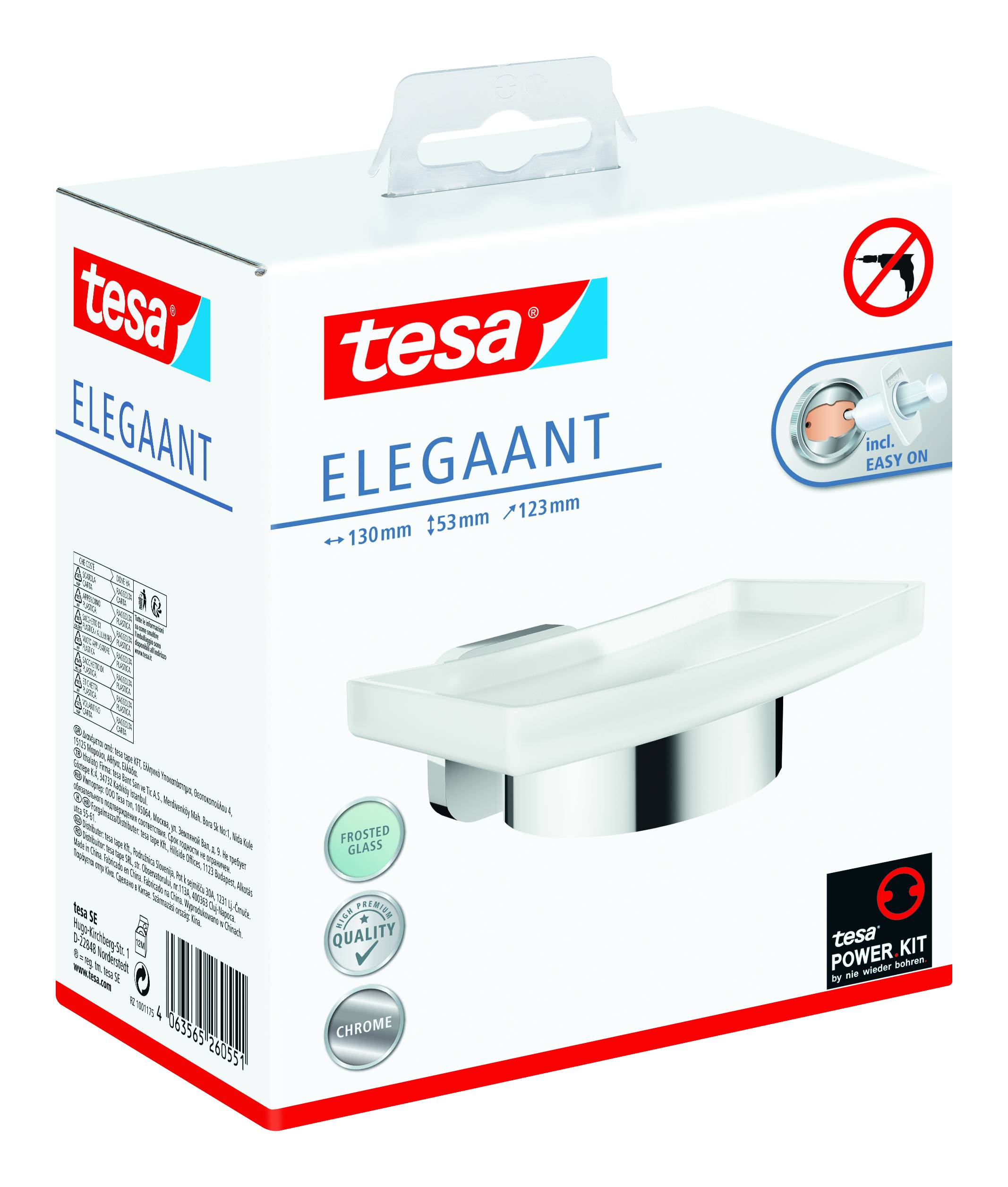 Obal lepicího produktu značky Tesa s nápisem 'Elegant'. Zobrazuje moderní police určené pro snadnou montáž bez vrtání.