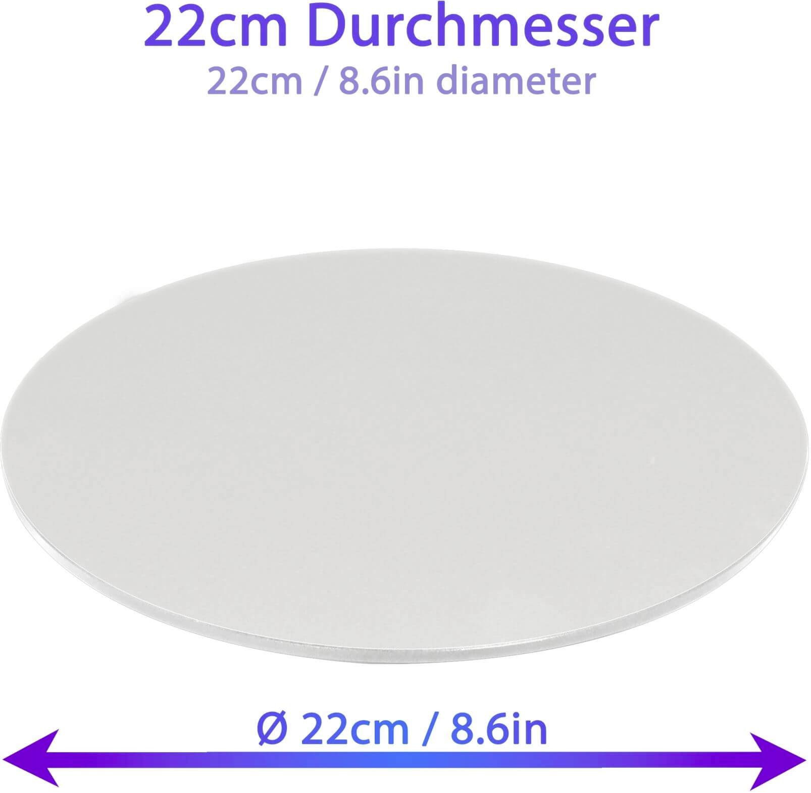 Kulatý předmět o průměru 22 cm, znázorněný obousměrnými šipkami. Text uvádí velikost v centimetrech a palcích.