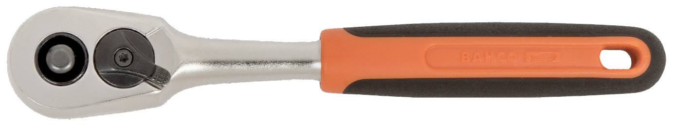 Oranžovo-černá ráčna s ergonomickou rukojetí, vhodná pro použití v mechanice k utahování a povolování šroubů.