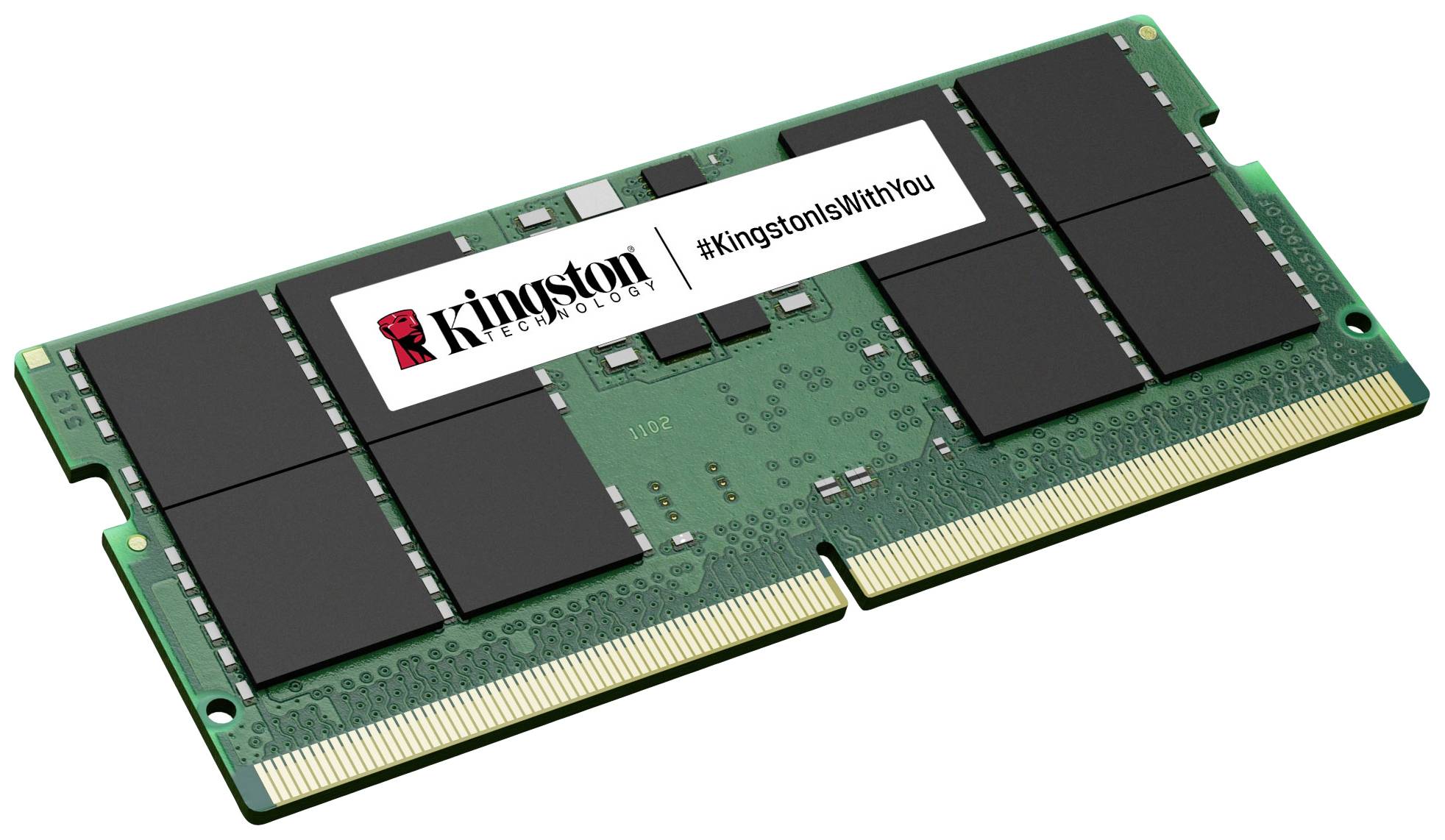 Zelený paměťový modul Kingston RAM s černým nápisem 'Kingston Technology #KingstonIsWithYou'.