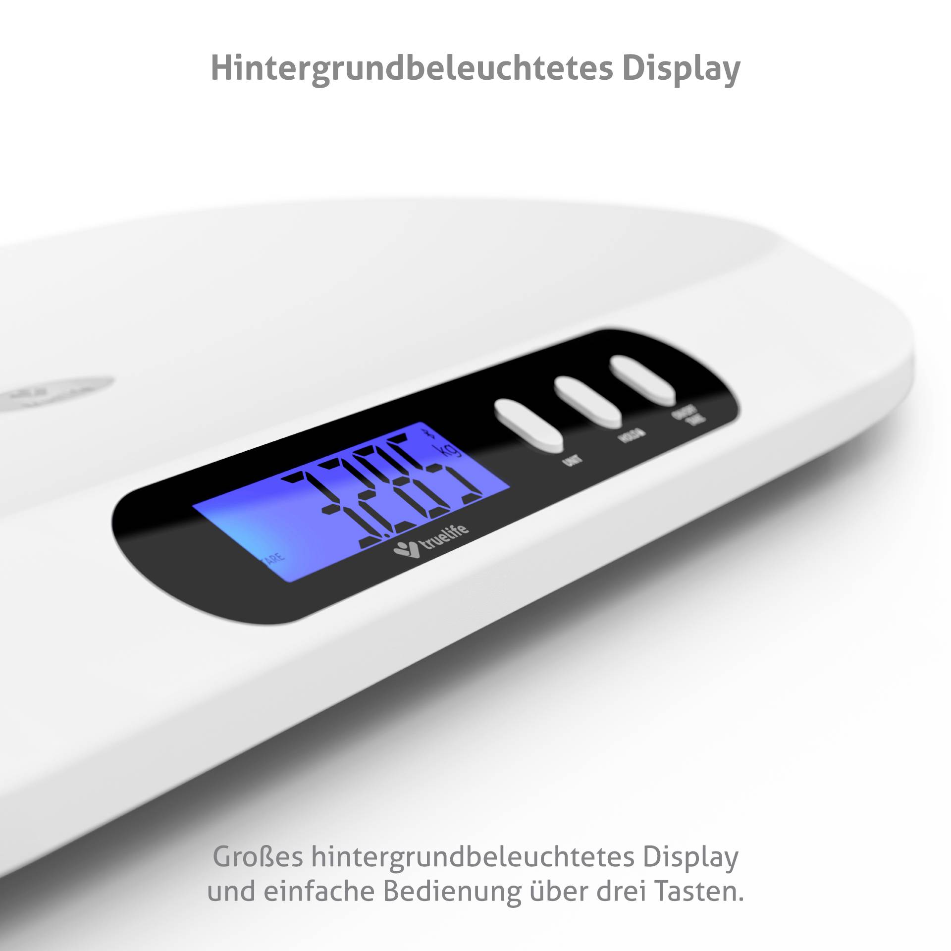 Elektronická osobní váha s podsvíceným displejem, zobrazuje hmotnost v kilogramech a má tři tlačítka.