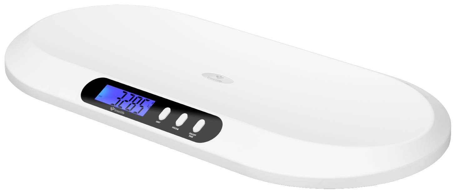 Dětská váha s digitálním displejem, který ukazuje "3,205 kg". Oválný tvar, bílý povrch, černá ovládací tlačítka vedle displeje.