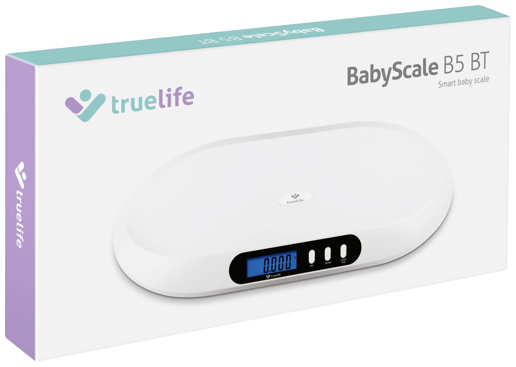 Bílé elektronické dětské váhy 'TrueLife BabyScale B5 BT' s digitálním displejem na obalu. Vhodné pro přesné vážení miminek.