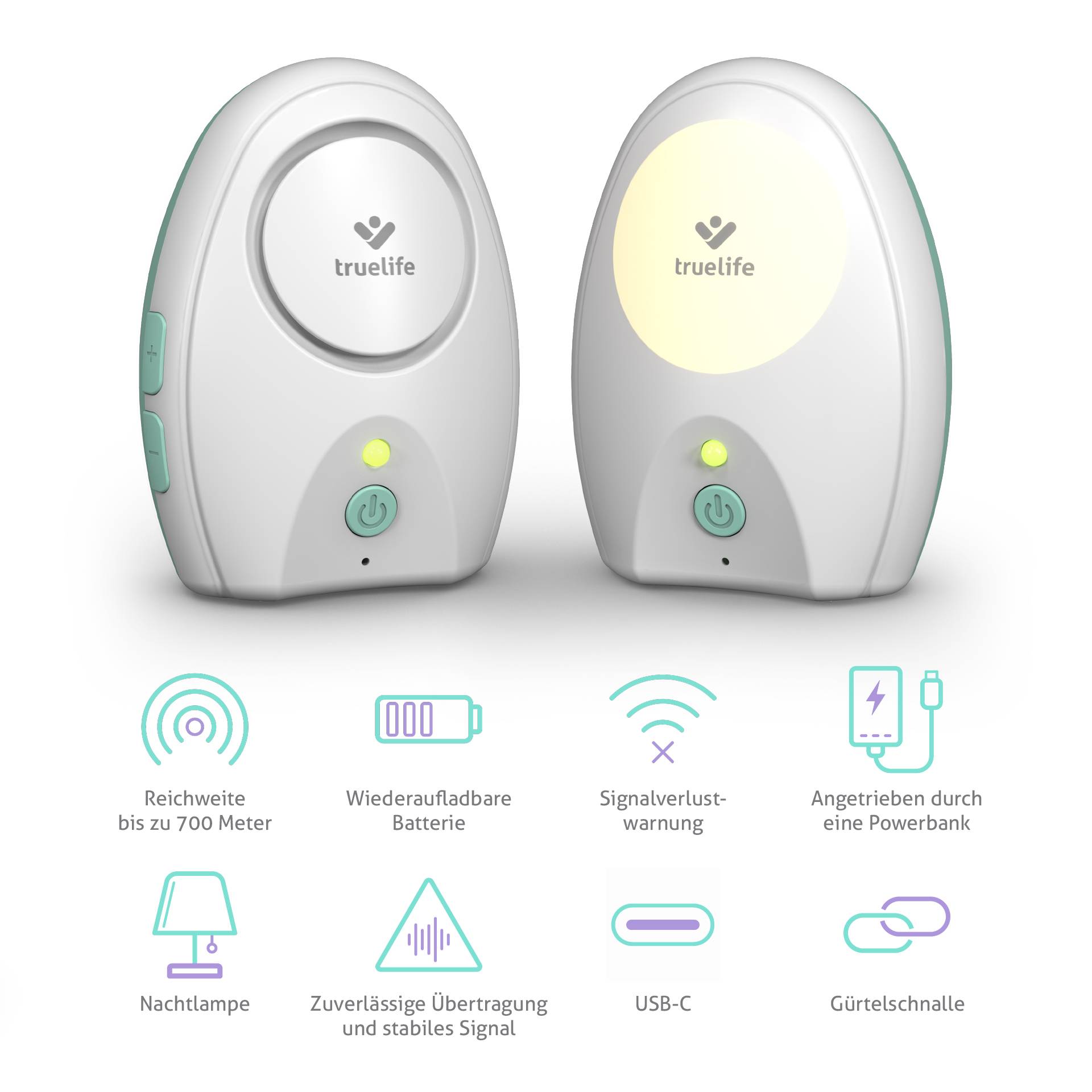 Dva dětské monitory s logem značky, LED indikátory a ovládacími prvky. Pod nimi symboly dosahu, baterie, signálu a dalších funkcí.