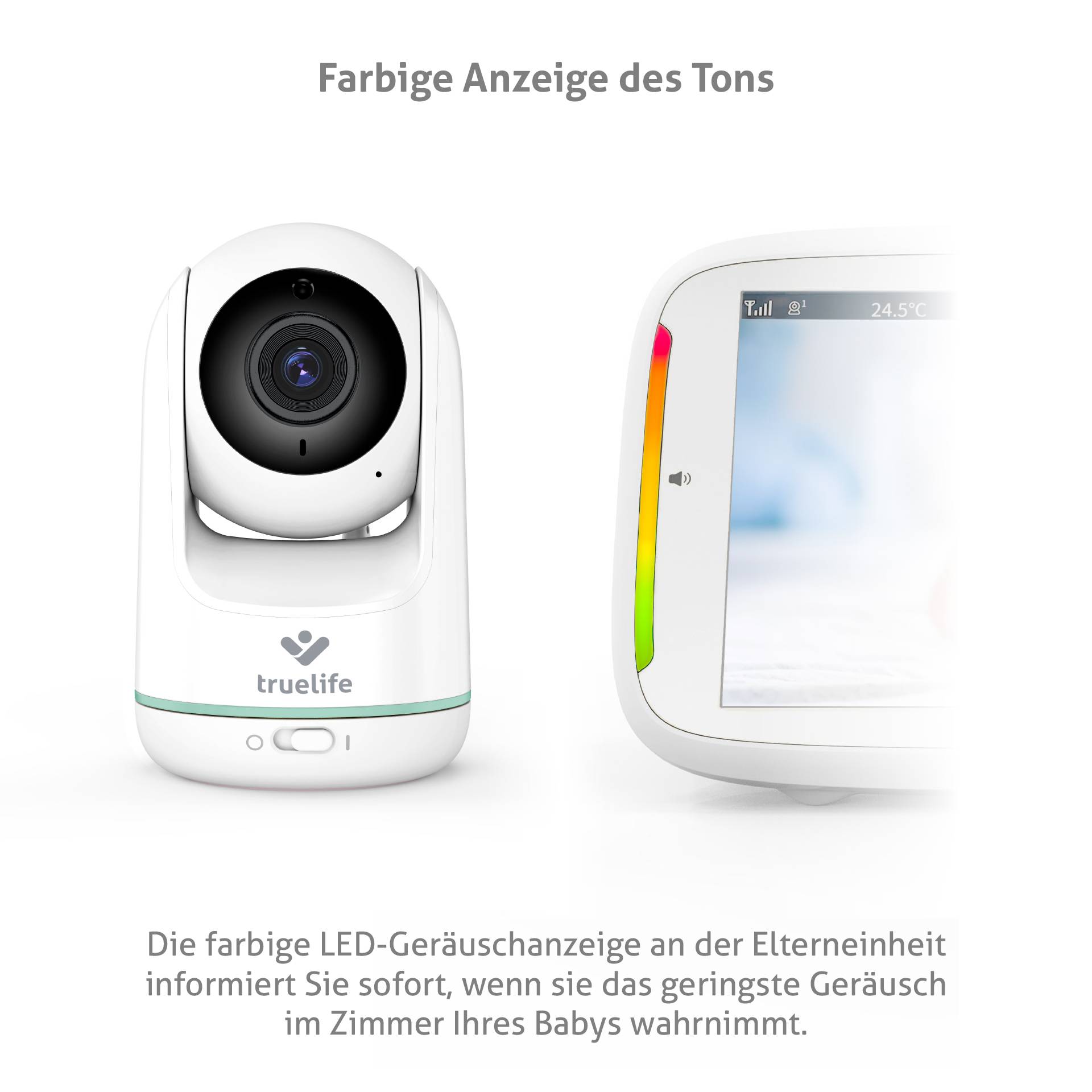 Dětská chůvička 'TrueLife' s kamerou a LED indikátorem zvuku pro okamžité informování o dění v dětském pokoji.