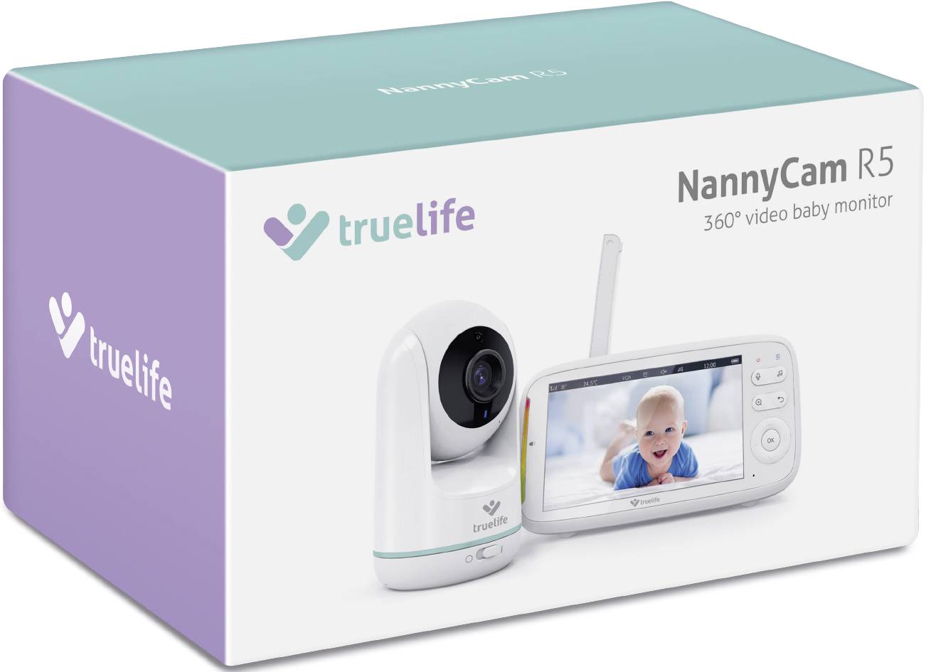Obal ukazuje 'NannyCam R5', 360° video chůvu od trueLife, s kamerou a monitorem.