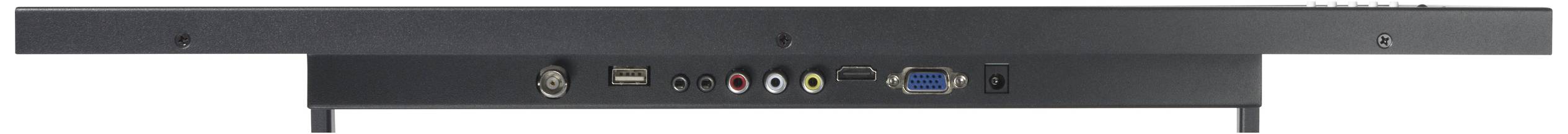 Pohled zezadu na zařízení s několika připojovacími možnostmi, včetně VGA, HDMI, audio a USB portů.