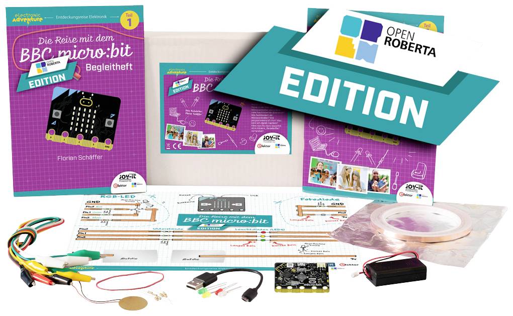 Sada 'Open Roberta Edition' s BBC micro:bit, doprovodnou příručkou, kabely, senzory a příslušenstvím, určená pro zábavnou výuku elektroniky.