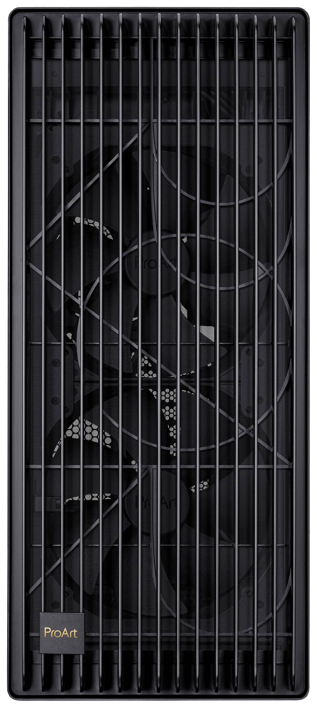 Počítačová skříň s černým mřížovaným designem a dvěma viditelnými ventilátory. Na přední straně je viditelné logo 'ProArt'.
