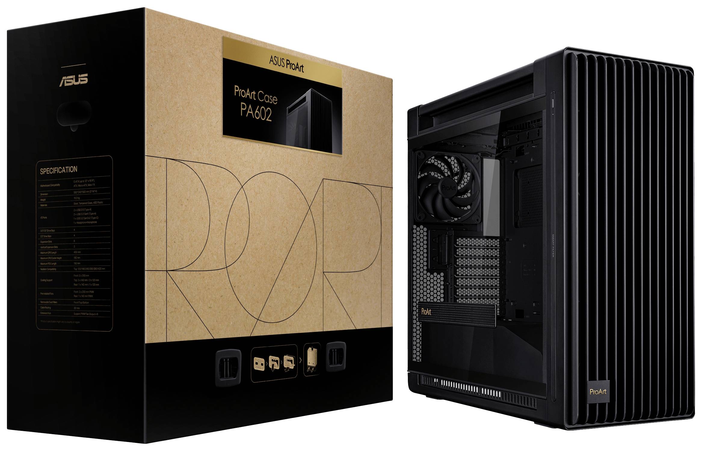 'ASUS ProArt PA502' počítačová skříň a obal. Skříň zobrazuje ventilátor a vnitřní strukturu. Obal zvýrazňuje sériové označení modelu.