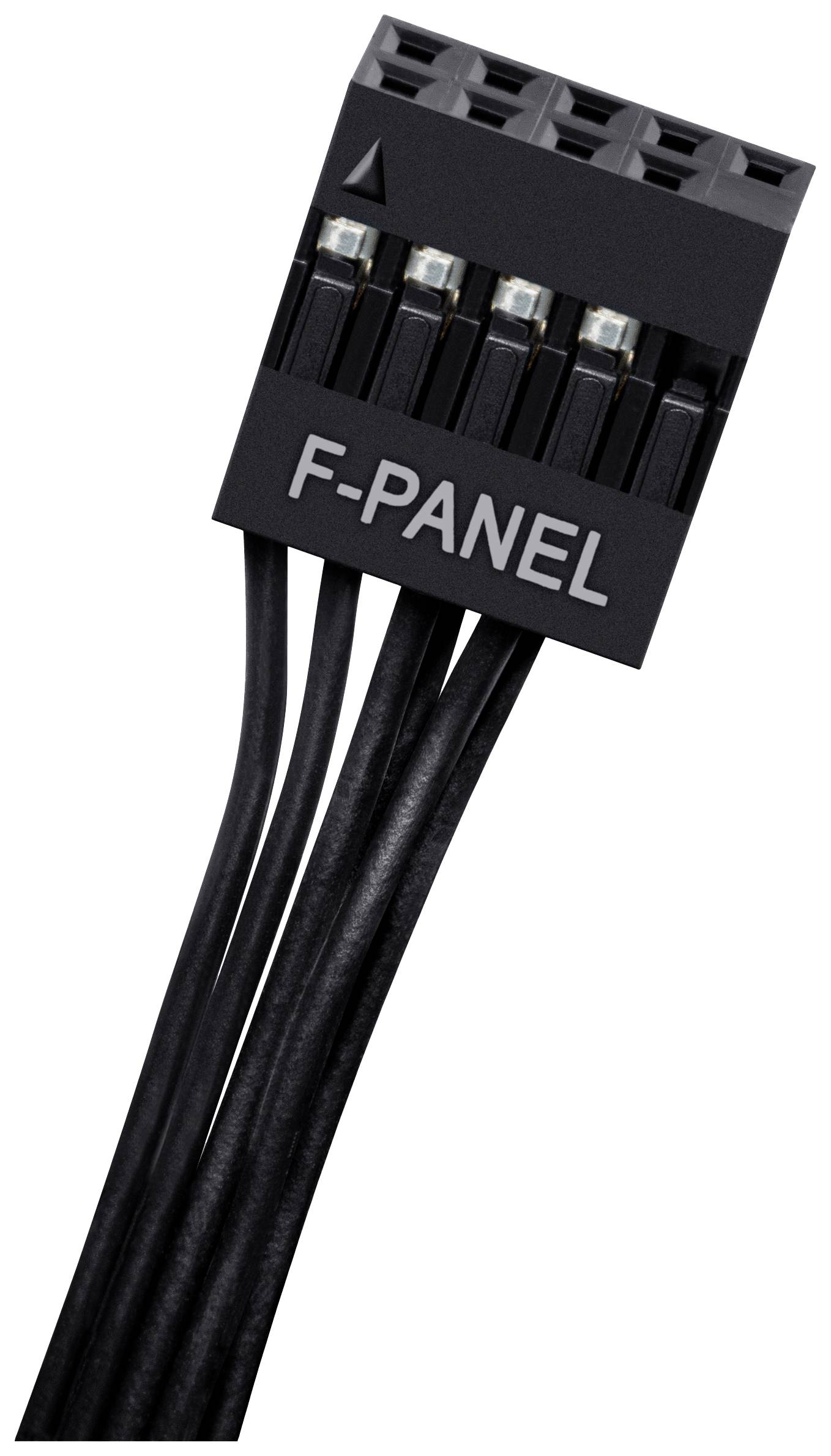 Černý konektor s nápisem 'F-PANEL' a několika černými kabely, vhodný pro připojení k přední desce počítačové skříně.