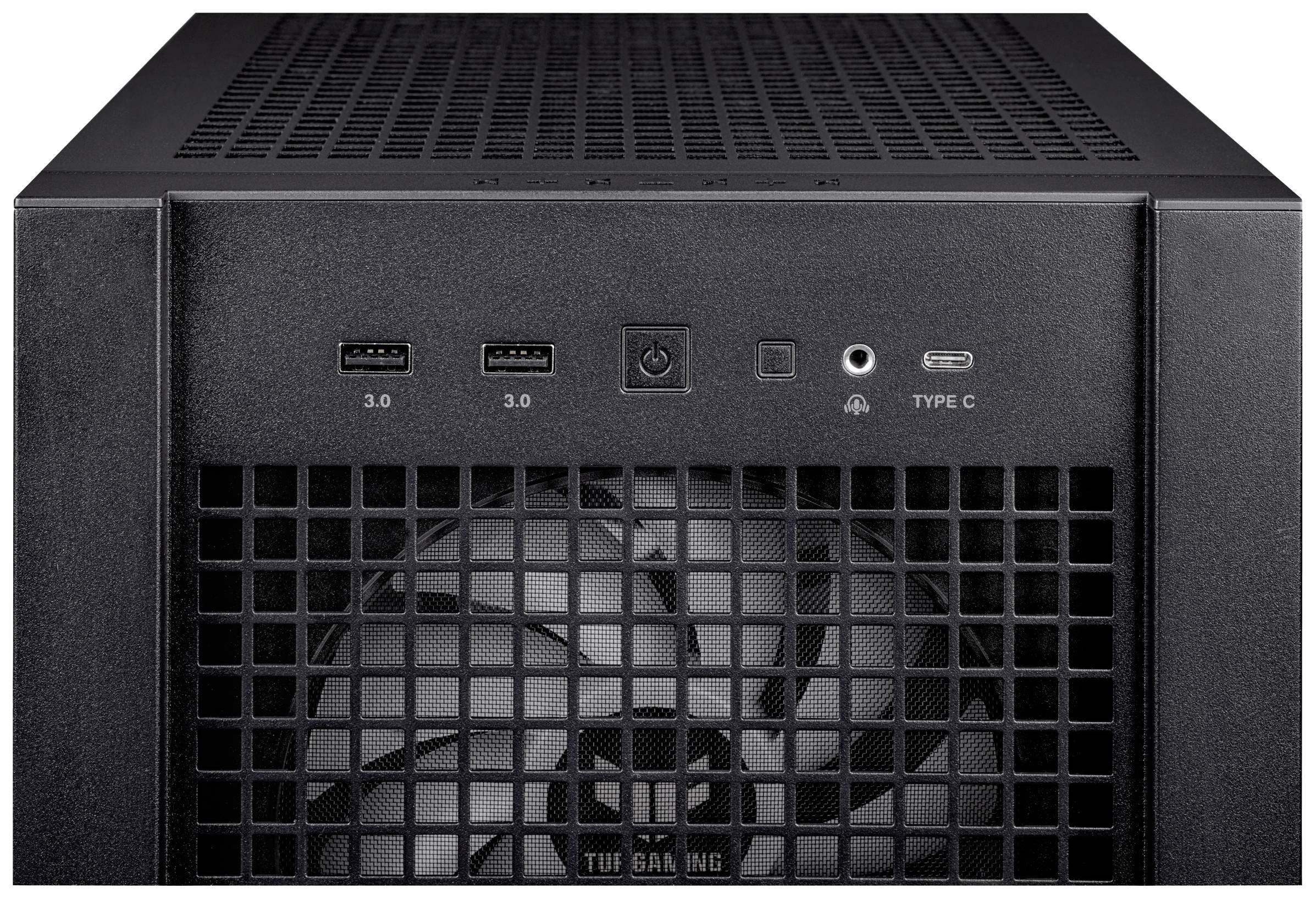 Černý počítačový kryt s dvěma USB 3.0 porty, jedním USB-C portem, vypínačem a velkým větracím mřížováním.