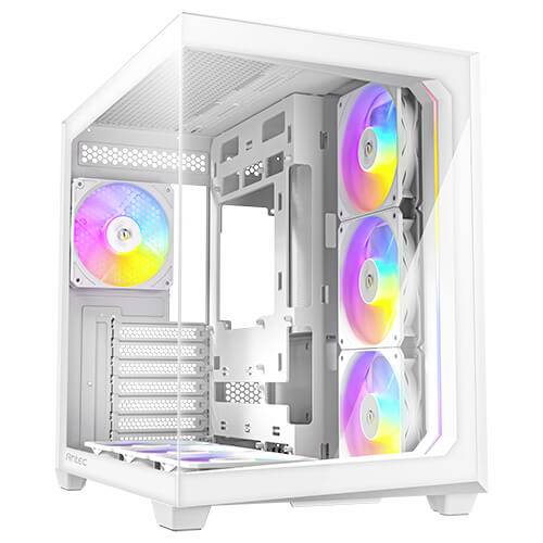Prázdný, bílý PC skříňový tower s prosklenou stranou a několika vestavěnými, svítícími RGB ventilátory.