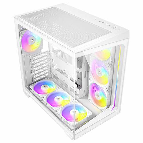 Bílá počítačová skříň s průhlednými stěnami odhaluje barevné osvětlené ventilátory uvnitř. Ideální pro personalizované herní počítače.