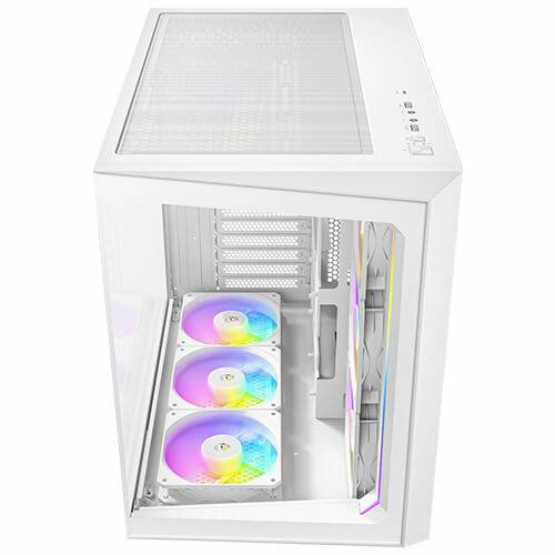 Bílá počítačová skříň s prosklenou stranou ukazuje tři barevné LED ventilátory na přední straně a poskytuje prostor pro další komponenty.