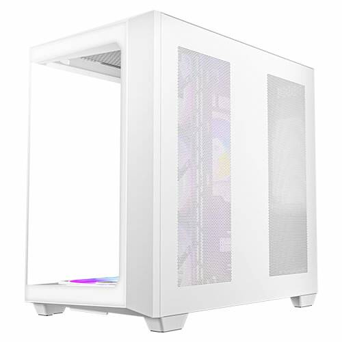 Bílá, pravoúhlá počítačová skříň s průhlednými bočnicemi. Viditelné RGB podsvícení a ventilátory uvnitř.