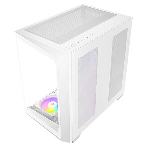 Bílý počítačový case s průhledným bočním panelem a barevným vnitřním RGB osvětlením. Ideální pro herní sestavy.