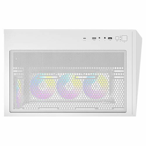Bílá počítačová skříň s průhledným předním panelem, za nímž jsou vidět tři zářící ventilátory v různých barvách.