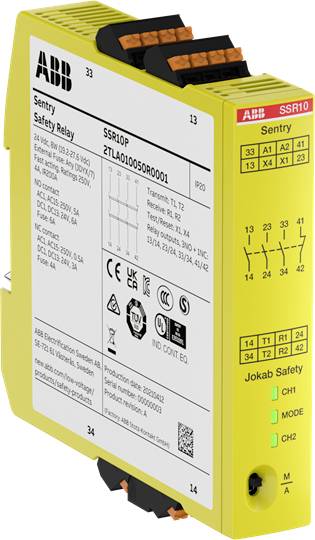 Žlutý bezpečnostní reléový modul ABB s produktovými informacemi a bezpečnostními označeními na přední straně. Číslo modelu: SSR10P.