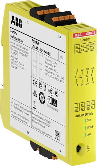 Bezpečnostní relé Sentry od ABB v žlutém pouzdře s různými certifikacemi a technickými specifikacemi vytištěnými na povrchu.
