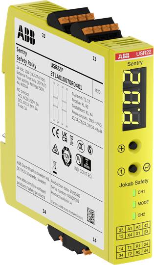 'ABB Sentry' bezpečnostní relé se žlutým pouzdrem a LED indikací. Zobrazuje technické specifikace, připojení a bezpečnostní označení.