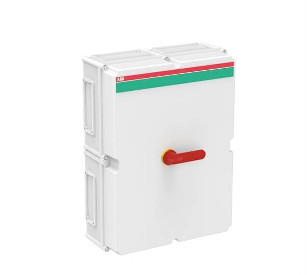 Bílý elektrický spínač s červenou pákou, namontovaný v obdélníkovém pouzdře. Značení v červené a zelené barvě.