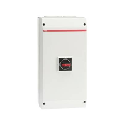 Elektrický rozvaděč v bílé barvě s červeným vypínačem uprostřed, vhodný pro průmyslové aplikace k řízení elektrických obvodů.