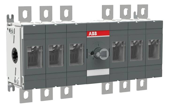 ABB odpínač OT1600E03 s několika možnostmi připojení a ochrannými kryty. Vhodný pro elektrické rozvodné zařízení.